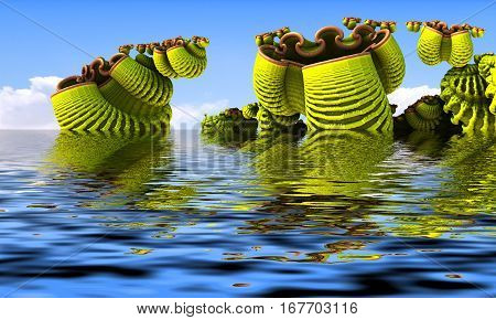 3D illustration of virtual scenery with fictive plants submerged in water