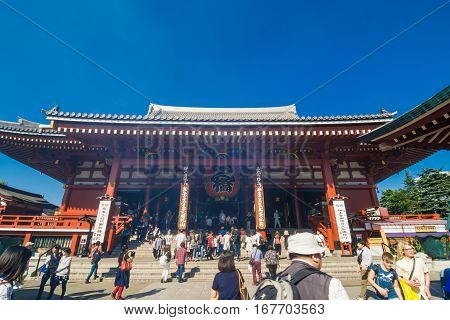 TOKYO-JAPAN 20 OCTOBER 2016: Crowded people at Buddhist Temple Sensoji on October 28 2016 in Tokyo Japan. The Sensoji temple in Asakusa area is the oldest temple in Tokyo.