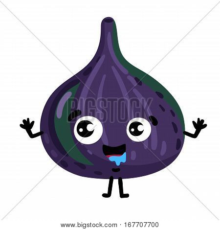 Cute fruit figs cartoon character isolated on white background vector illustration. Funny positive and friendly figs emoticon face icon. Happy smile cartoon face food emoji, comical fruit mascot