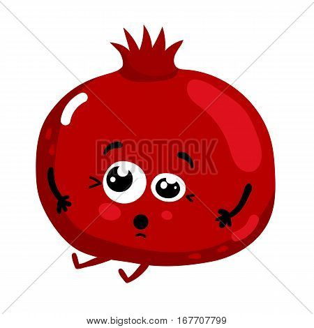 Cute fruit pomegranate cartoon character isolated on white background vector illustration. Funny positive and friendly garnet emoticon face icon. Happy smile cartoon face food emoji, comical fruit