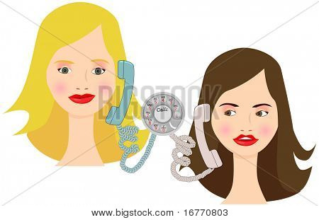 Due cartoon girls talk sul retro del telefono. Pulire il rendering dal vettore.