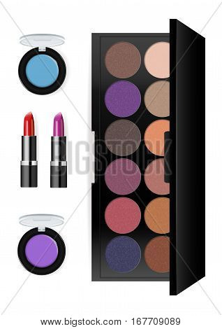 Realistic makeup cosmetics set isolated on white background vector illustration. Lipstick, facepowder, pomade, eye shadow, foundation. Decorative facial cosmetics products, beauty fashion makeup. Cosmetics product concept design