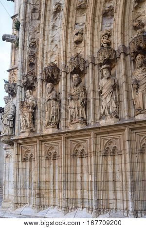 Entrance of the gothic cathedral of Santa Maria in Castello d Empuries Girona province Catalonia Spain