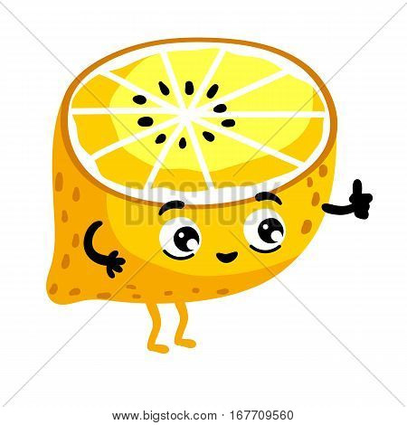Cute fruit lemon cartoon character isolated on white background vector illustration. Funny positive and friendly lemon emoticon face icon. Happy smile cartoon face food emoji, comical fruit mascot