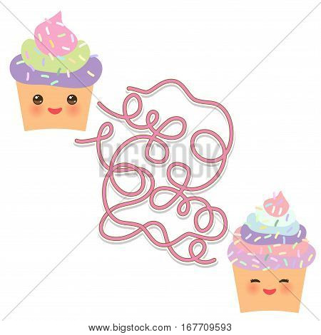 Cupcake Kawaii Funny Muzzle With Pink Cheeks On White Background. Labyrinth Game For Preschool Child