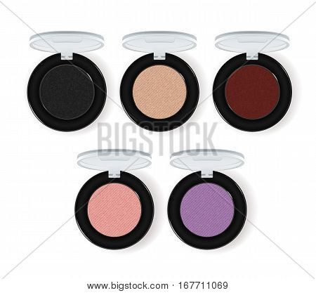 Realistic makeup cosmetics set isolated on white background vector illustration. Colorful facepowder or eyeshadow container collection. Decorative facial cosmetics products, beauty fashion makeup. Cosmetics product concept design