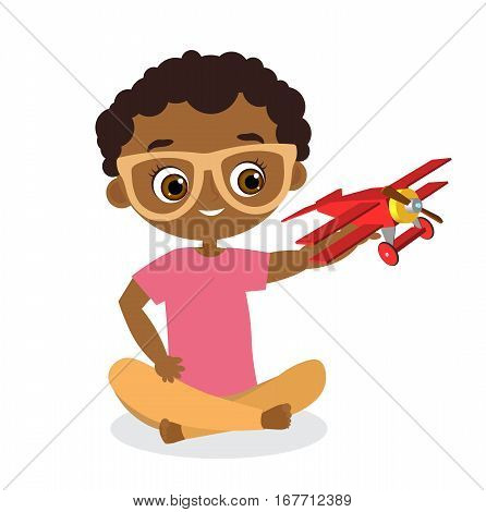 African American Boy With Glasses And Toy Plane. Boy Playing With Airplane. Vector Illustration Eps