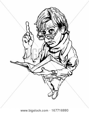 Vector illustration of man with book and upraised forefinger in ink hand drawn style.
