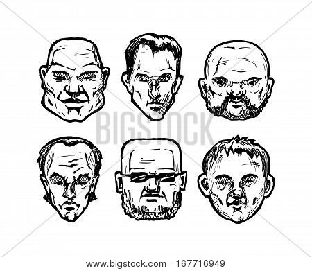 Set of different man's faces. Vector illustration in ink hand drawn style. full face view.