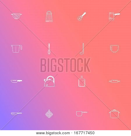 Set of icons of kitchen utensils in flat style. White line art. Vector illustration.