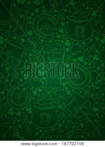 Green background for Patricks day with ber mug horseshoe hat pipe and shamrocks vector illustration