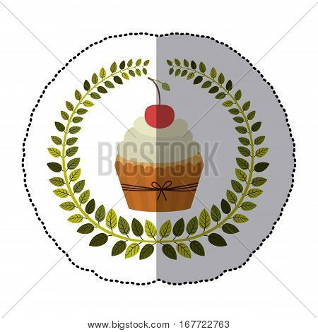 middle shadow sticker colorful with olive crown with cupcake with cream and cherry vector illustration