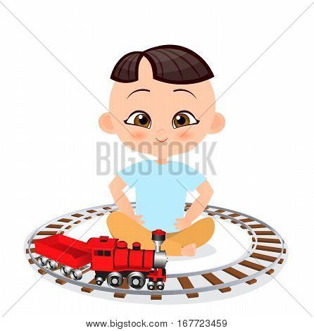 Japanese Boy With Toy Train. Boy Playing With Train. Vector Illustration Eps 10 Isolated On White Ba