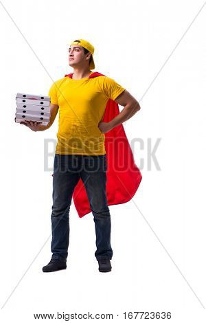 Super hero pizza delivery guy isolated on white