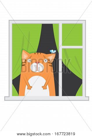Funny cute cartoon ginger cat in the window.