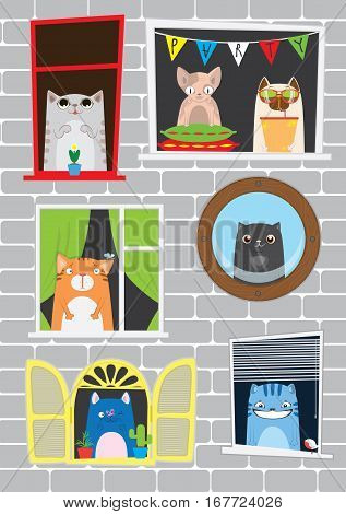 Funny cartoon cats in the window. Cats party