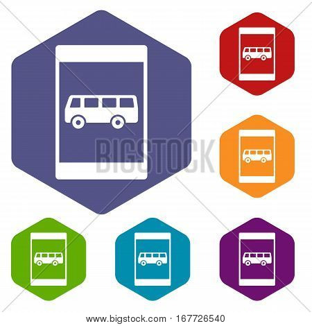 Bus stop sign icons set rhombus in different colors isolated on white background