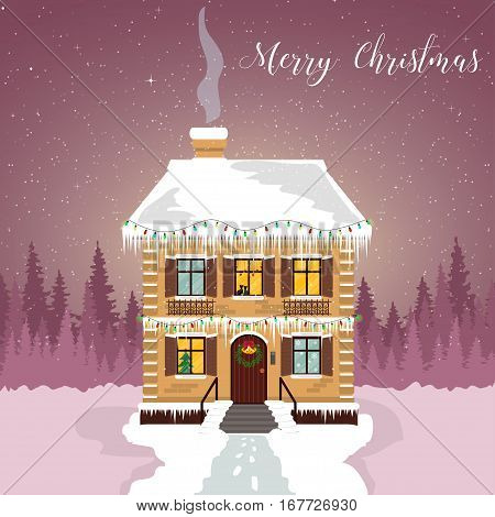 Winter Night. Decorated House With Garlands And Icicles. Christmas Card With A Silhouette Of The For