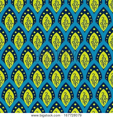 Abstract fish scale pattern in oriental style. Blue and green seamleass vector ornament.