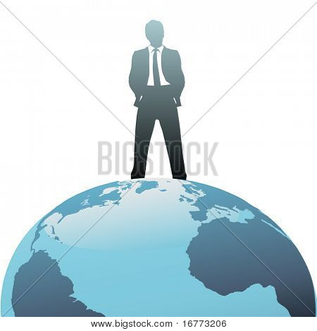 Ein erfolgreiches globales Business-Mann steht am Anfang der Welt.