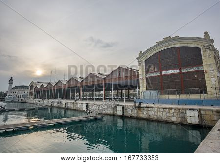 Old buildings of the port of valencia, buildings of the early 20th century. Shed used to protect merchandise