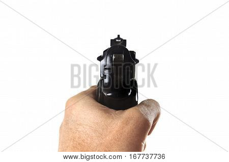 male hand holding gun aiming in subjective point of view POV isolated on white background in fire weapon use and war crime and violence concept