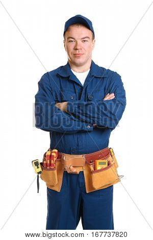 Electrician with special tools on white background