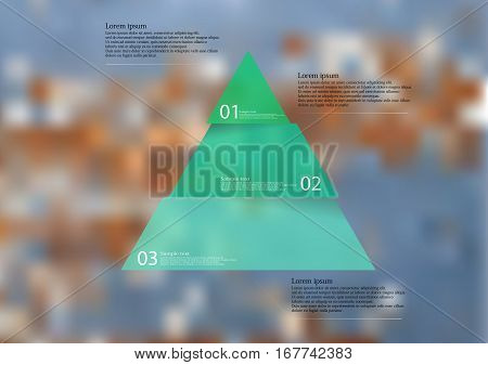 Illustration infographic template with motif of green triangle horizontally divided to three sections. Blurred photo with motif of worn wooden color wall is used as background.