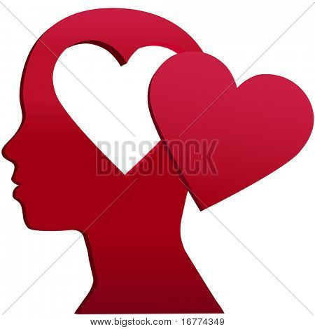 Een meisje met een hart vorm kopie ruimte gat in haar hoofd en Valentine love op haar geest