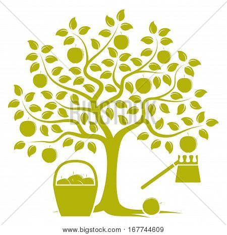 vector apple tree with basket of apples and fruit picker isolated on white background