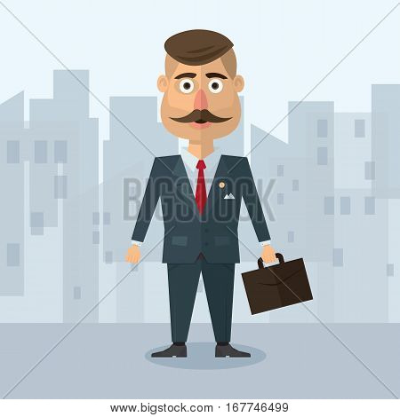 vector illustration of a flat in the style of businesman with a mustache in a gray suit strict business in an urban environment with a portfolio.