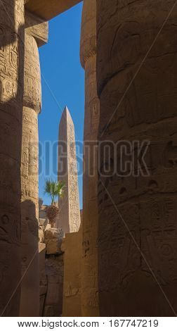 Ruins of an ancient temple of Egypt with statues and columns