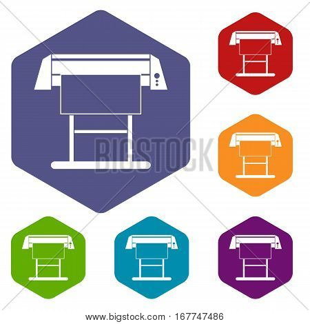 Large format inkjet printer icons set rhombus in different colors isolated on white background