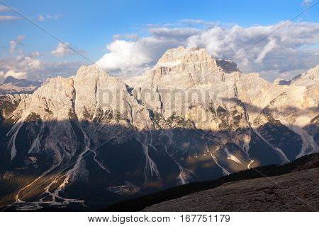 Evening view of gruppo del Sorapis South Tirol dolomites mountains Italy