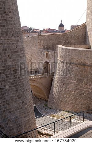 DUBROVNIK, CROATIA - NOVEMBER 30: Ploce Gate one of the entrance gates to the old walled city of Dubrovnik, Croatia on November 30, 2015.