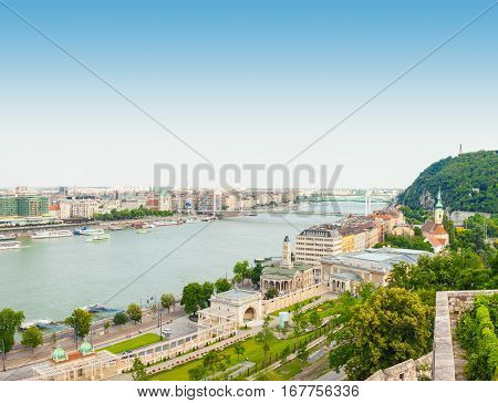 Budapest, Hungary - June 15, 2016: Panoramic View Of Dunabe River With Bridge Connecting Buda And Pe