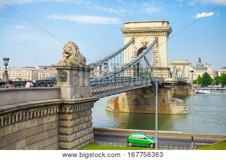 Budapest, Hungary - June 15, 2016: Dunabe River With Famous Chain Bridge Connecting Buda And Pest In