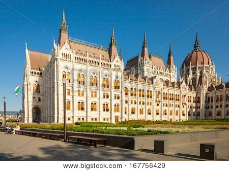 Budapest, Hungary - June 16, 2016: Hungarian Parliament Building Located At The Bank Of The Dunabe C