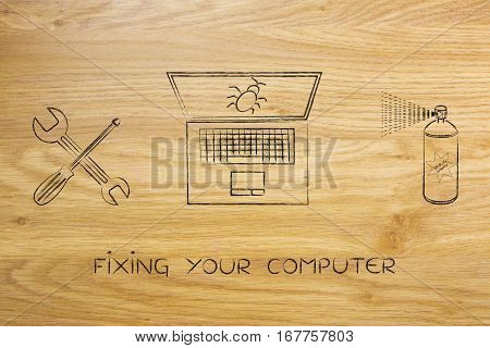 Fixing Your Computer, Laptop With Wrench & Bug Spray