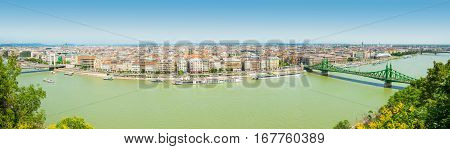 Budapest, Hungary - June 15, 2016: Panoramic View Of Dunabe River With Well-known Liberty Bridge Con