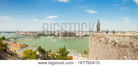 Budapest, Hungary - June 15, 2016: Panoramic View Of Dunabe River With Chain Bridge Connecting Buda