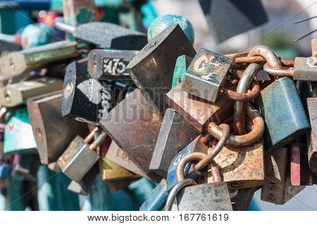 Padlocks of love on the Tumski bridge in Wroclaw. Poland