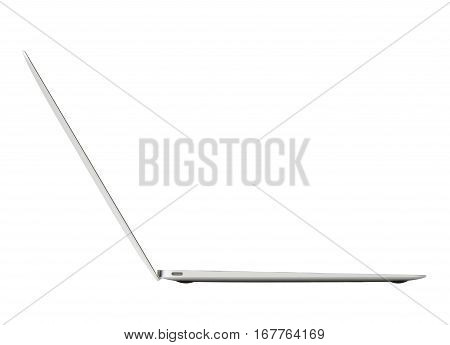 Ultra thin laptop computer side view on white