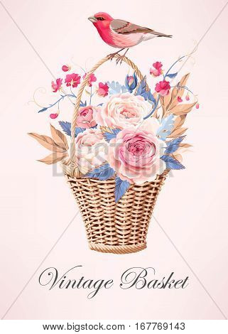 Vector illustration of vintage basket with beautiful roses