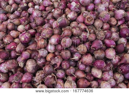 Red onions pile on market display. Fresh red onion for sale. Autumn harvest in garden. Vegetables background or wallpaper. Raw cooking ingredient for soup or salad. Colorful and healthy vegetable