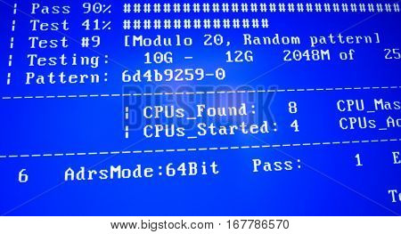 PARIS FRANCE - OCT 21 2016: Testing of RAM Random Access Memory of a Personal Computer Workstation as seen on a computer display - counting the patterns and the testing all the RAM algorithm