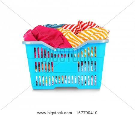 Clothes in basket on white background