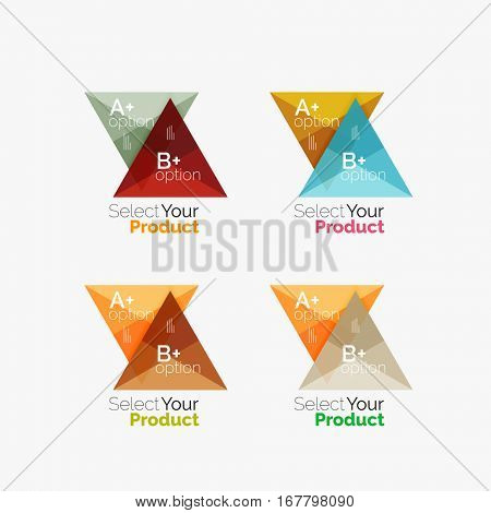 Set of triangle option infographic layouts. Select your product concept, make a choice idea