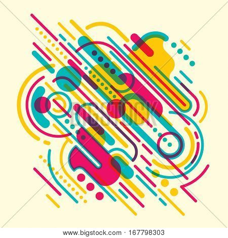 Modish style abstraction in color, with composition made of various rounded shapes and lines. Vector illustration.