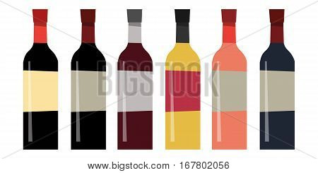 Set of different bottles of wine in flat style. The design for the liquor store. Vector illustration isolated on white background.